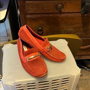 Red Suede Loafers with Metal Accent